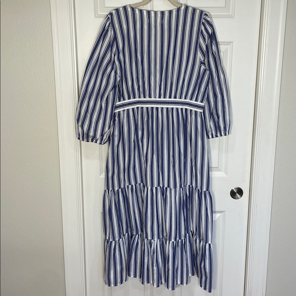 Madewell Midi Maxi Dress Size 14 Ava Blue White Striped Ruffle Tiered V Neck - Picture 10 of 16